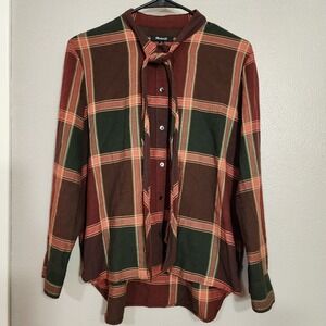 Madewell Plaid Tie Neck Shirt in Cherry Wood Size Medium Burgundy Green